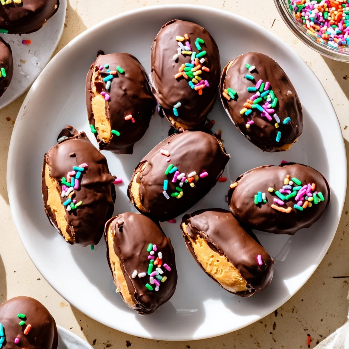 Handmade peanut butter Easter eggs enrobed in glossy dark chocolate with colorful sprinkle toppings on white plate