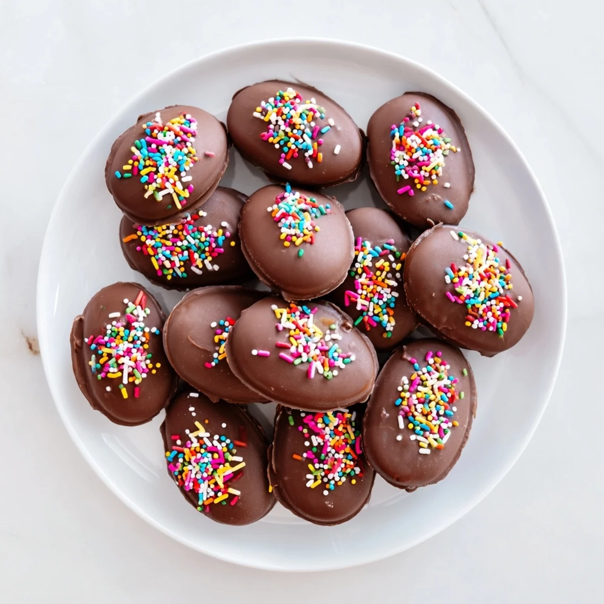 Creamy peanut butter Easter eggs with smooth chocolate coating and festive white drizzle arranged on parchment paper