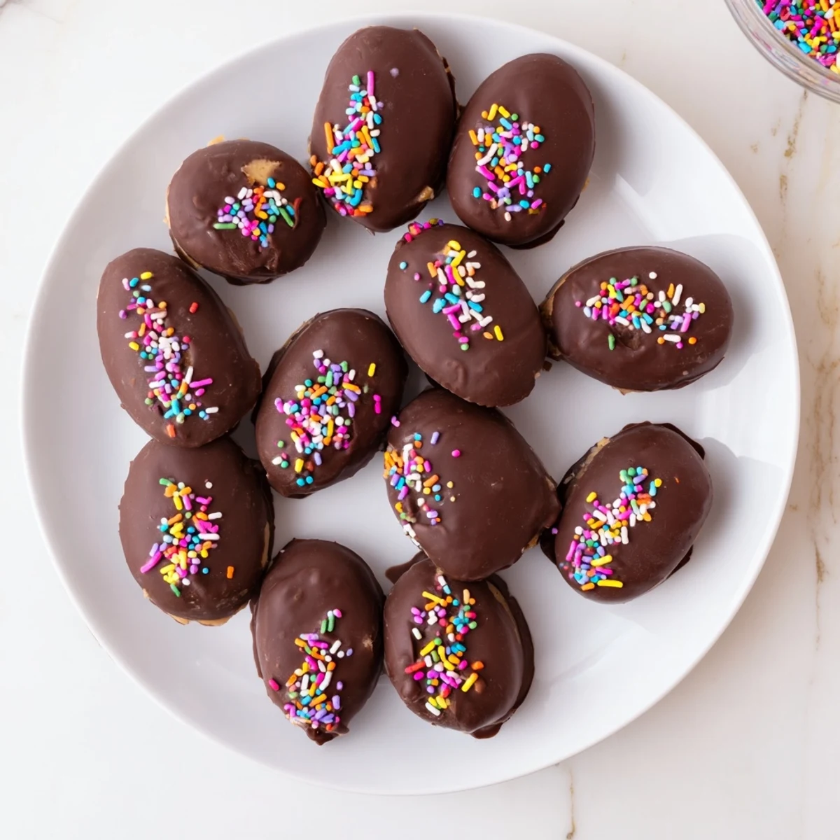 Golden peanut butter Easter eggs dipped in melted semisweet chocolate showcasing cross section of rich velvety filling