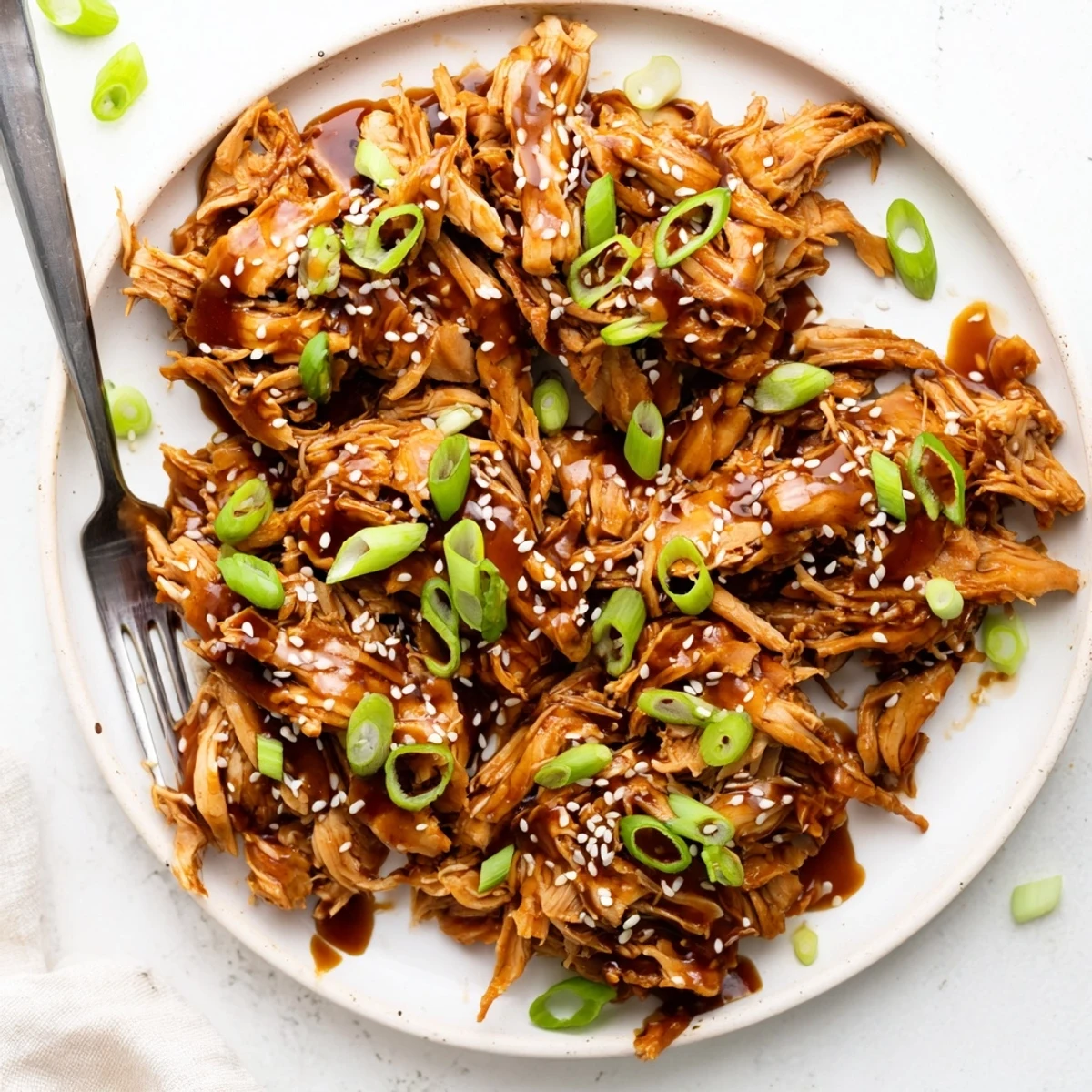 Juicy chicken thighs swimming in caramelized teriyaki glaze garnished with fresh green onion slices