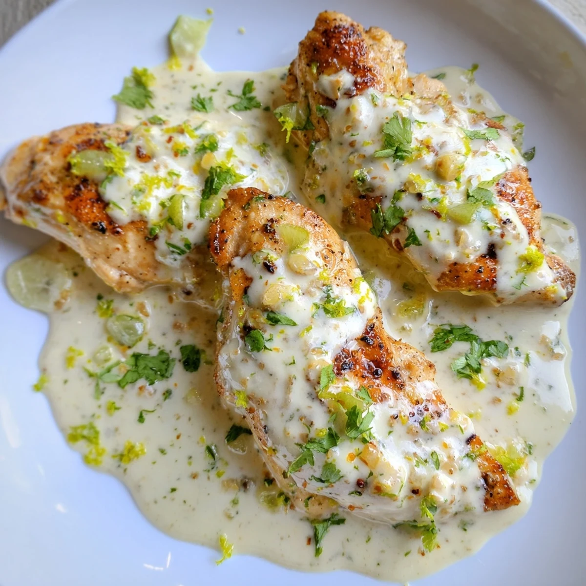 Golden brown chicken breasts swimming in a rich, creamy coconut lime sauce with fresh cilantro garnish