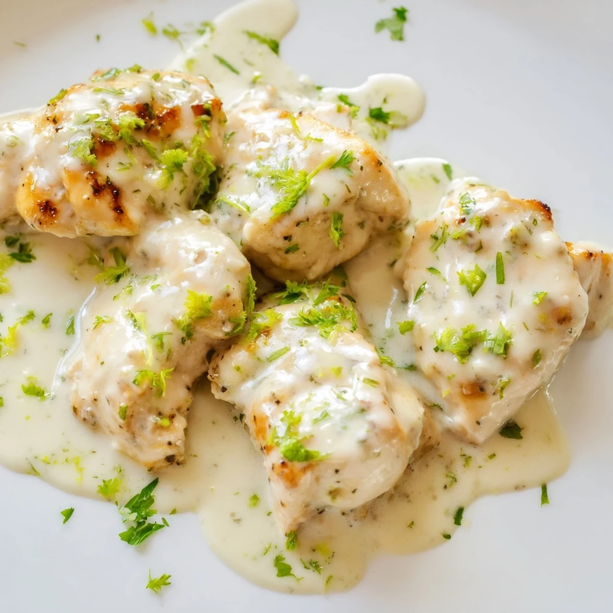 Tender coconut lime chicken plated over white rice with vibrant green herbs and zesty lime wedges