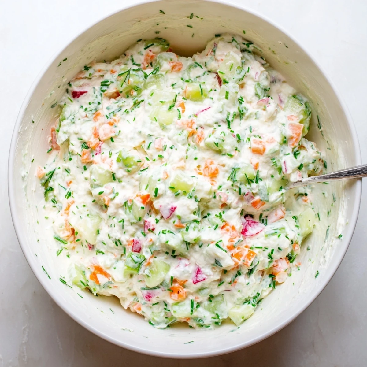 Festive white Easter dip topped with vibrant diced veggies and fresh dill, perfect for spring party appetizers
