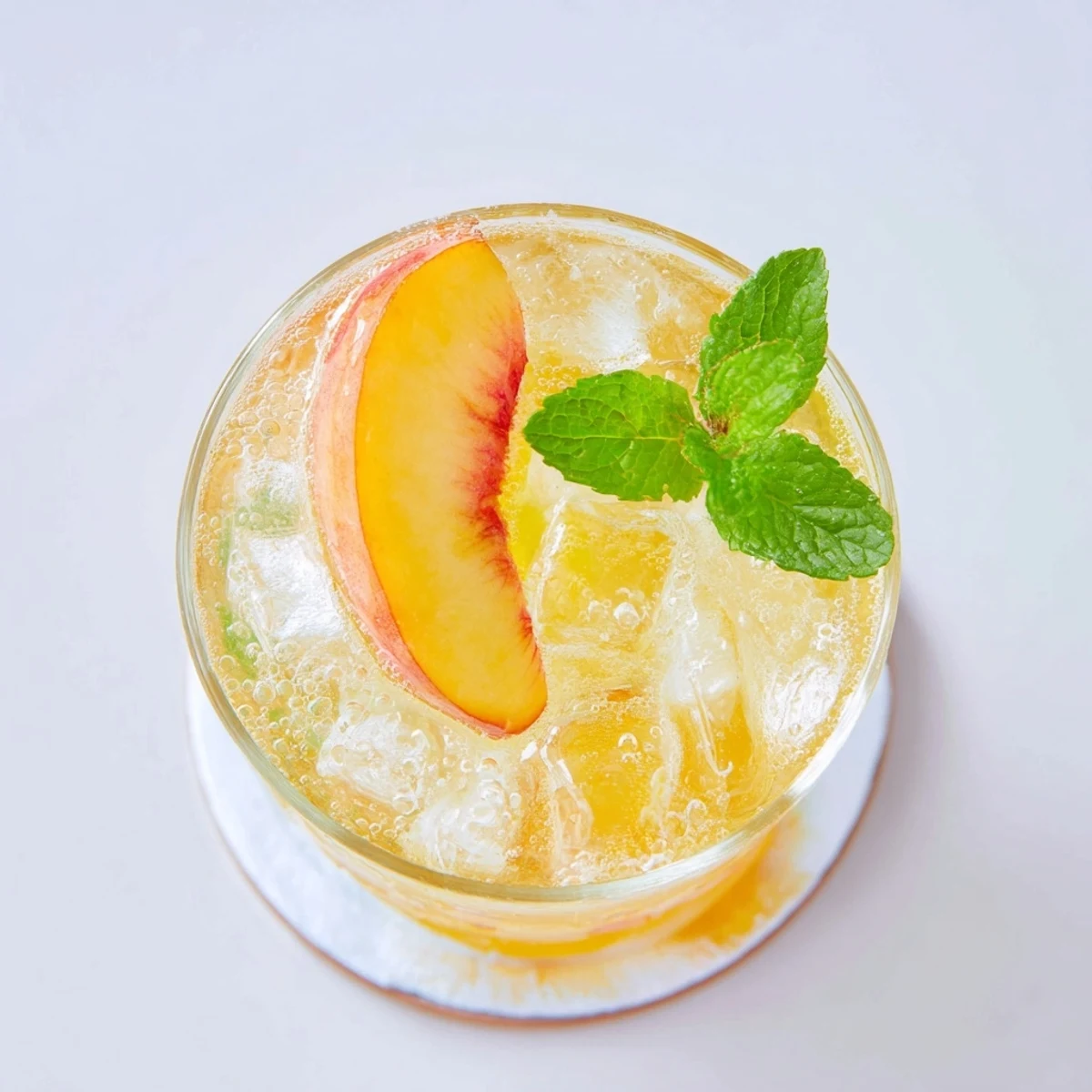 Golden glass of ginger peach sparkler topped with fresh peach slices and mint sprigs on ice
