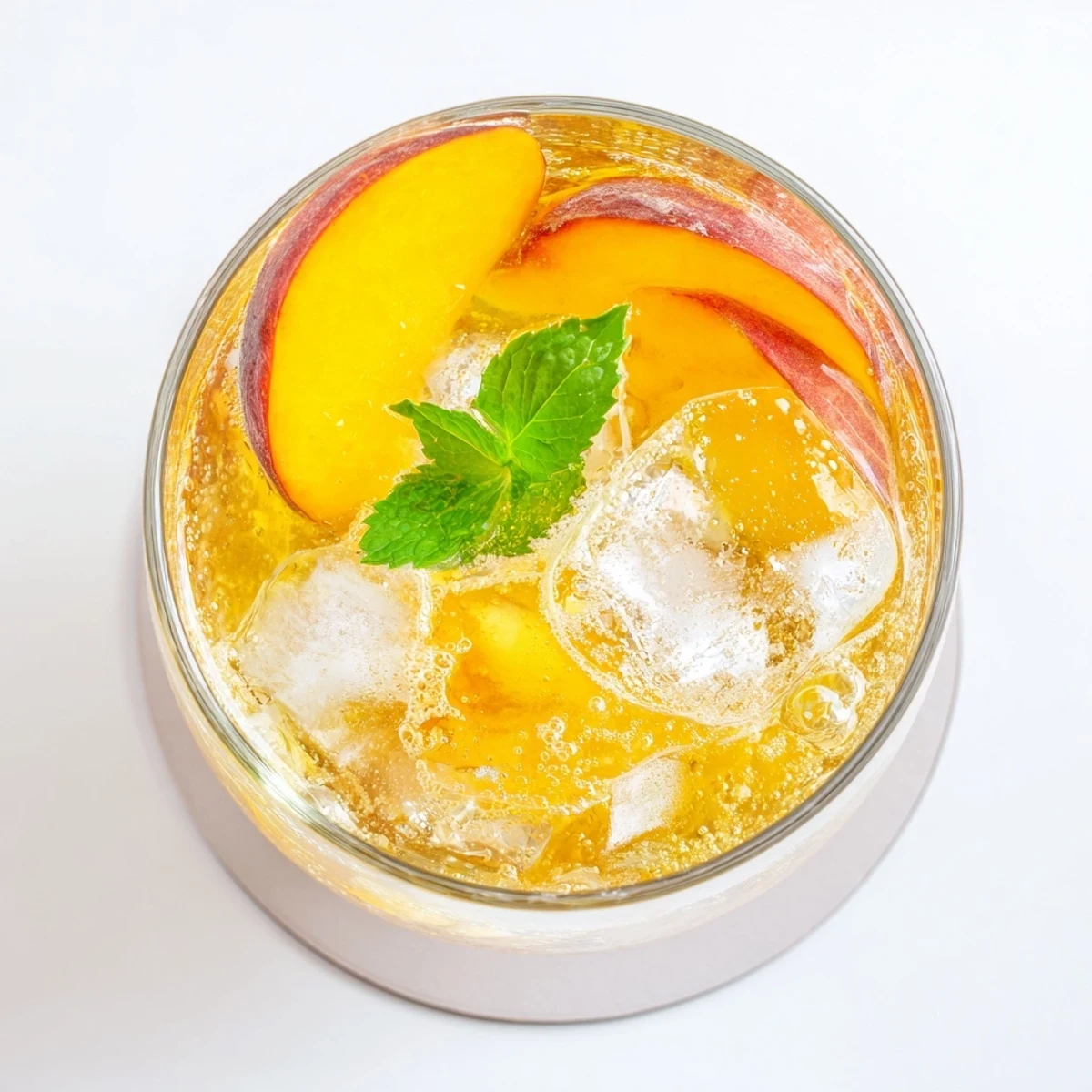 Summer beverage featuring a bubbly ginger peach sparkler with floating peach wedges and ice cubes