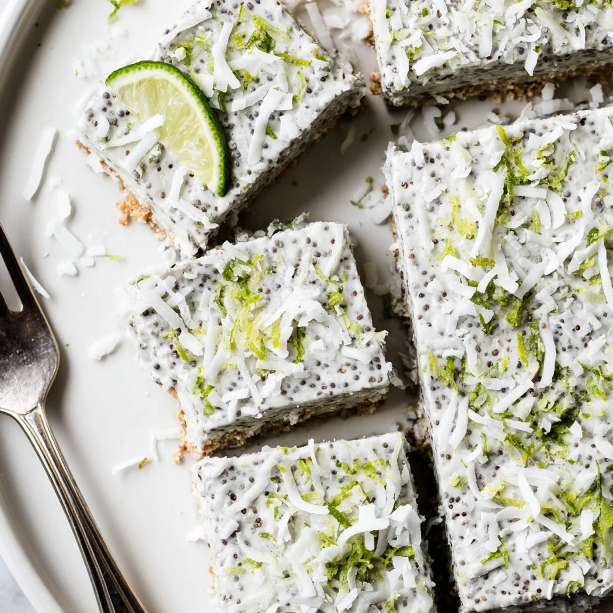 Creamy no bake zesty coconut lime chia pudding bars topped with toasted coconut shavings