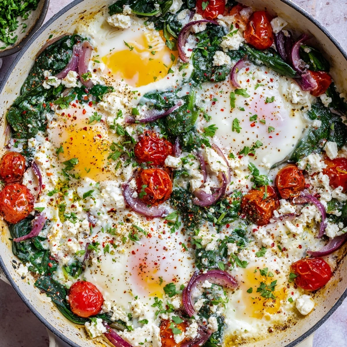 Golden baked feta eggs nestled with wilted spinach and blistered cherry tomatoes in a cast iron skillet