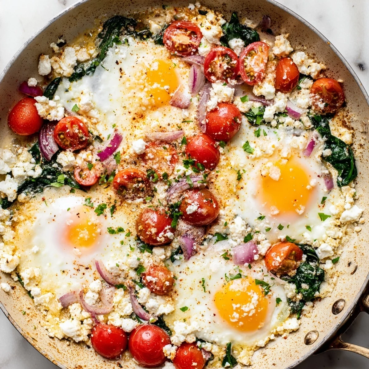 Creamy Mediterranean baked feta eggs featuring bright red tomatoes and fresh spinach ready for breakfast