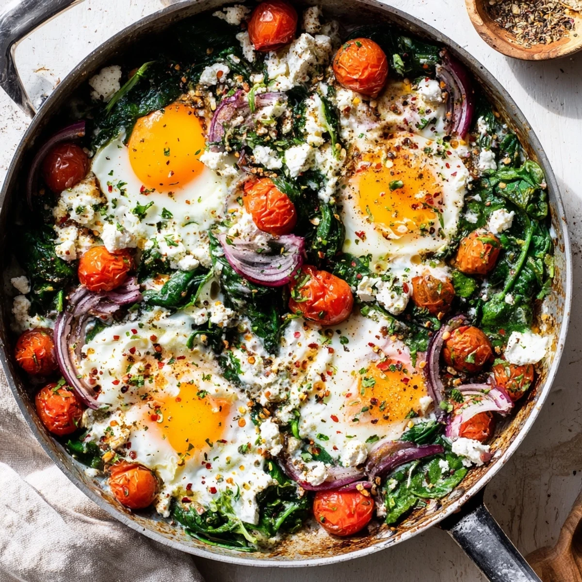 Sizzling skillet of baked feta eggs with tender spinach and roasted cherry tomatoes, garnished with herbs