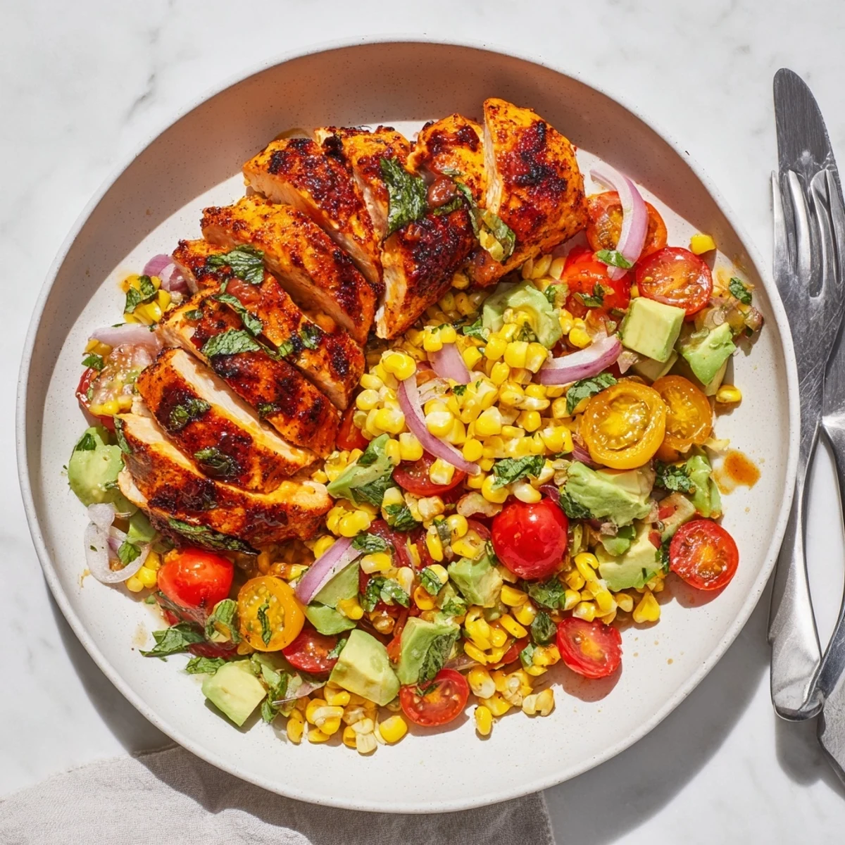 Golden grilled chicken breasts glazed in spicy hot honey served over vibrant sweet corn salad with cherry tomatoes and fresh herbs