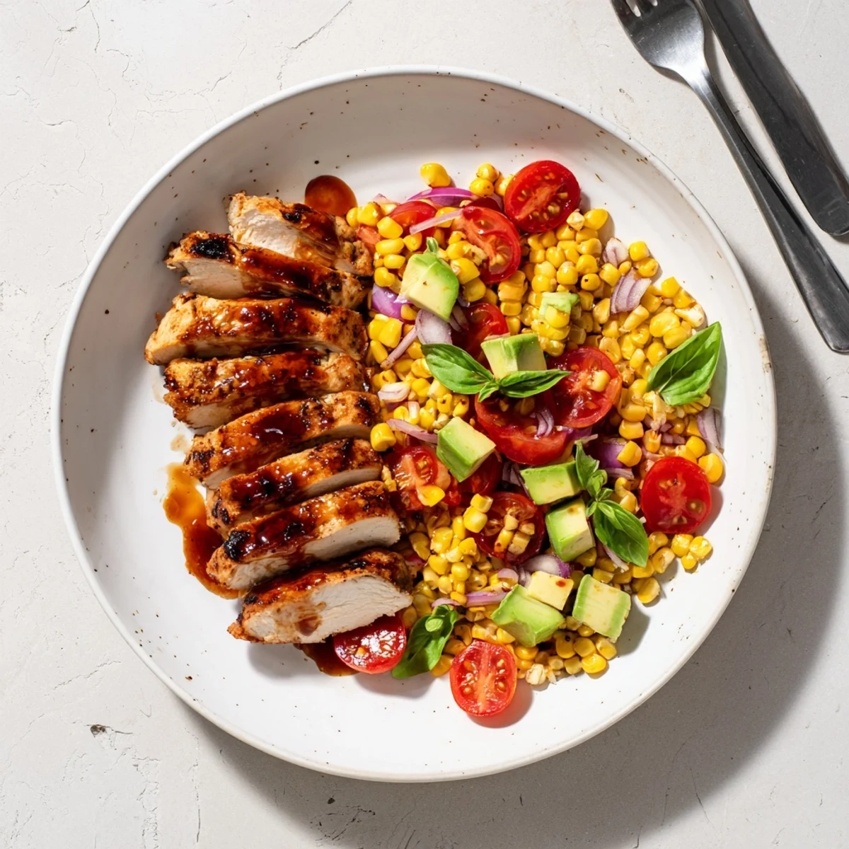 Sliced hot honey glazed grilled chicken arranged on a bed of refreshing corn, avocado, and lime-dressed summer vegetables