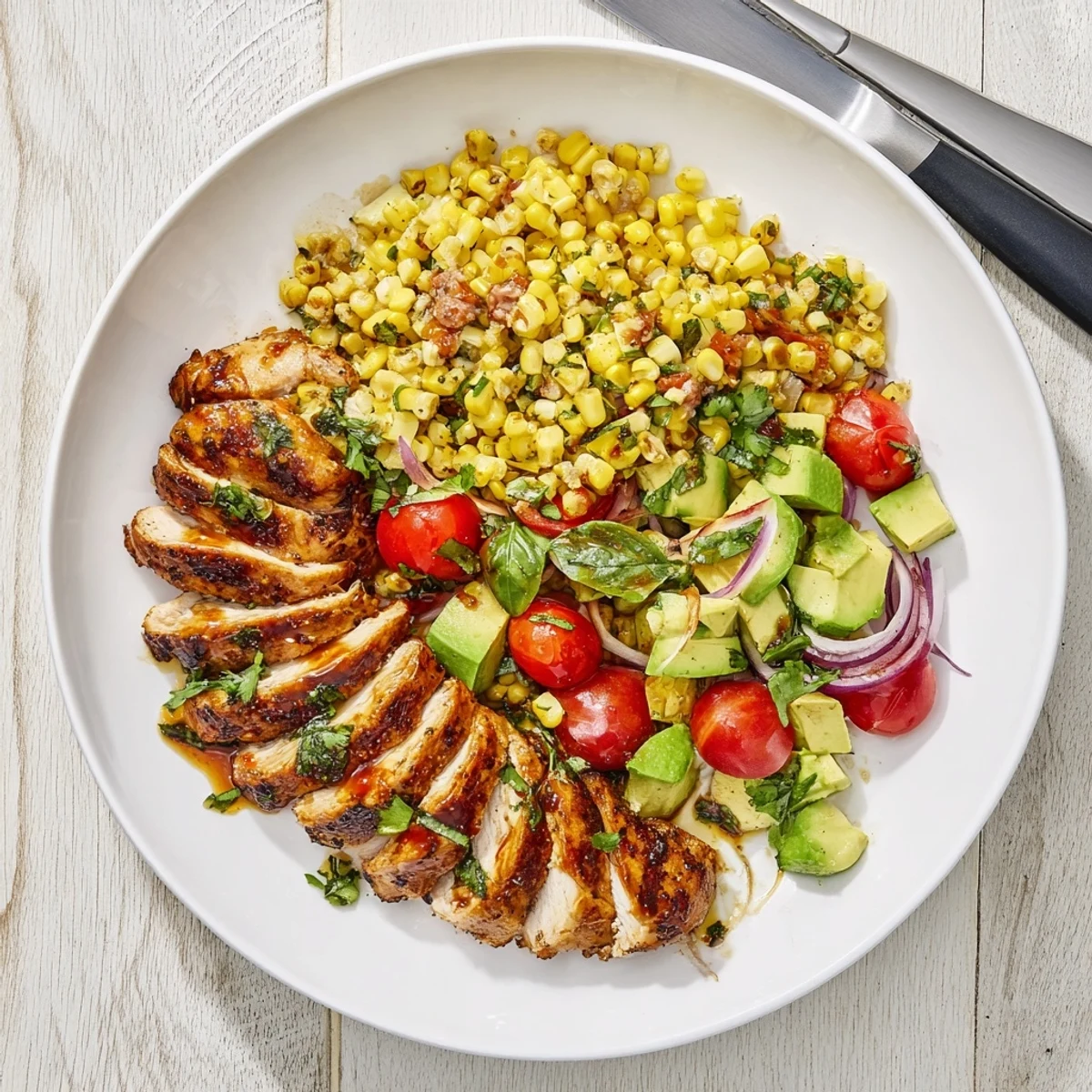 Juicy grilled chicken brushed with sweet and spicy honey glaze atop a colorful salad of charred corn, red onion, and cilantro