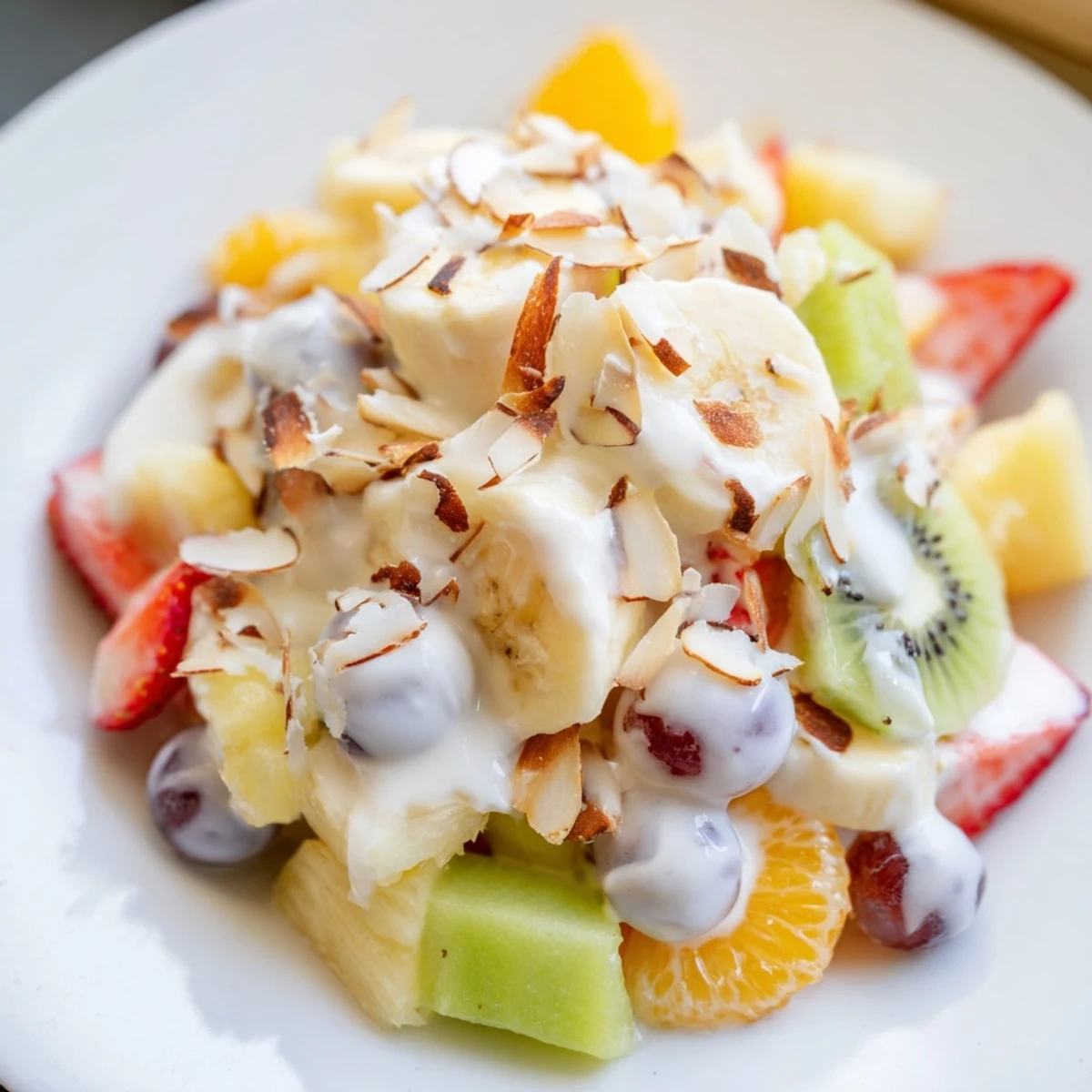 Colorful bowl of creamy fruit salad featuring strawberries, grapes, and pineapple in sweet yogurt dressing
