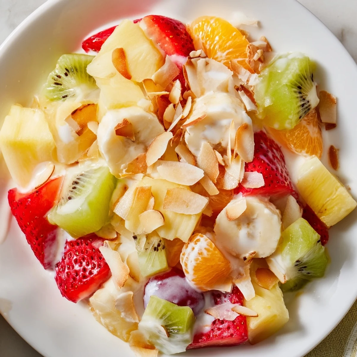 Fresh fruit salad tossed with silky Greek yogurt cream dressing and topped with toasted coconut flakes