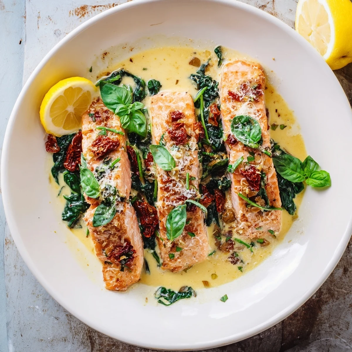 Creamy Tuscan salmon simmered in white Parmesan sauce with tender spinach leaves and vibrant red sun-dried tomato pieces