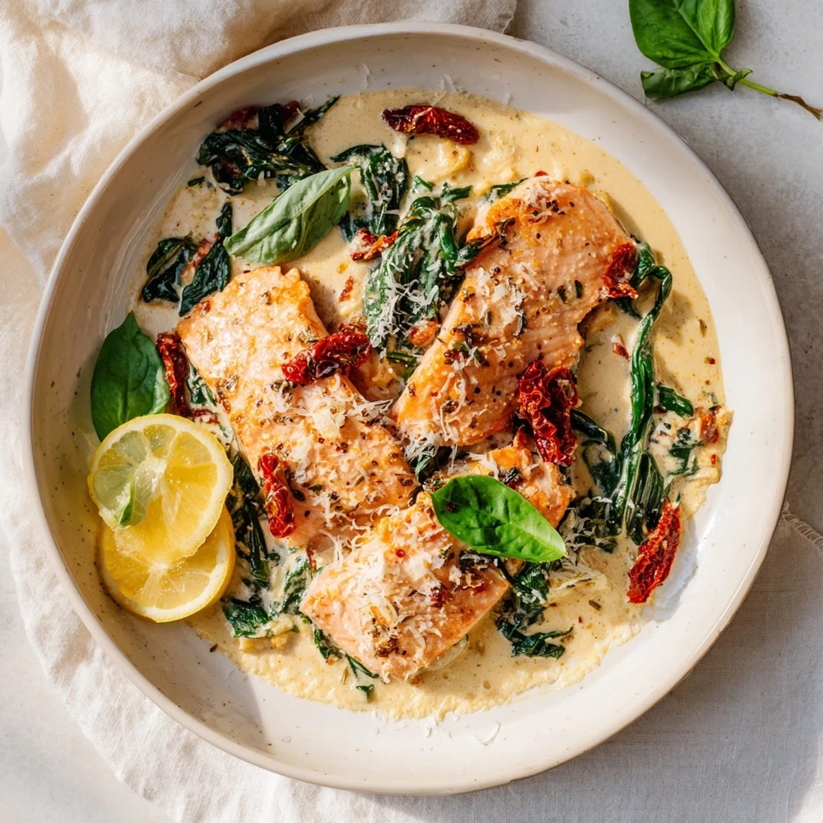 Flaky salmon topped with garlicky cream sauce featuring sun-dried tomatoes and fresh spinach, served in a cast iron skillet