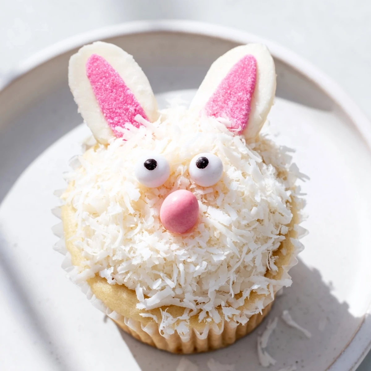 Fluffy vanilla bunny cupcakes topped with coconut frosting, marshmallow ears, and candy faces for Easter spring celebrations
