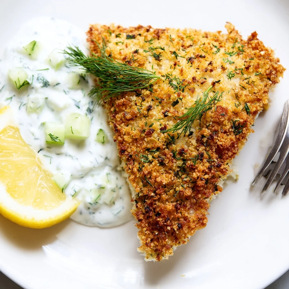 Golden crispy oven baked crumbed fish fillets topped with fresh dill and served beside a cool cucumber yoghurt dipping sauce
