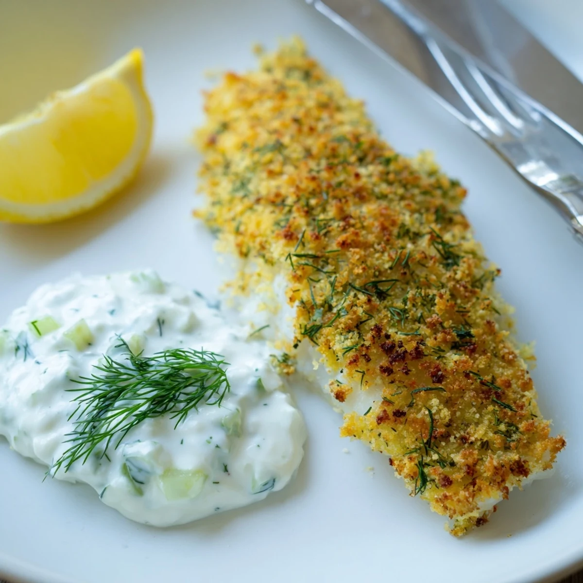 Perfectly baked golden fish fillets in seasoned crumbs paired with refreshing cucumber yoghurt sauce and bright lemon slices