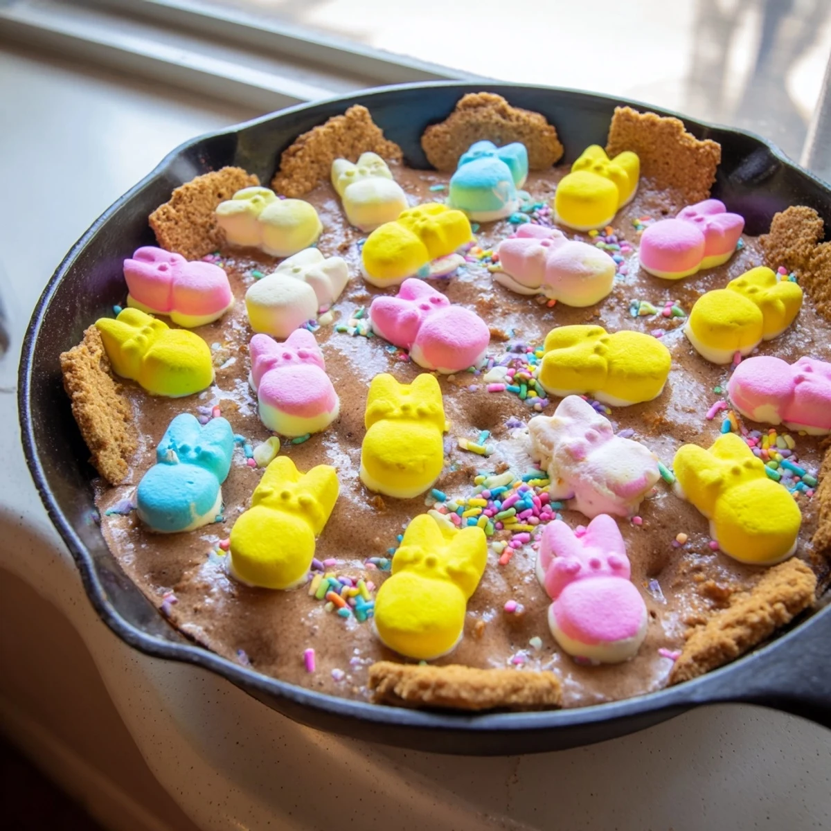 Golden Peeps skillet smores with melted chocolate chips and graham crackers for dipping