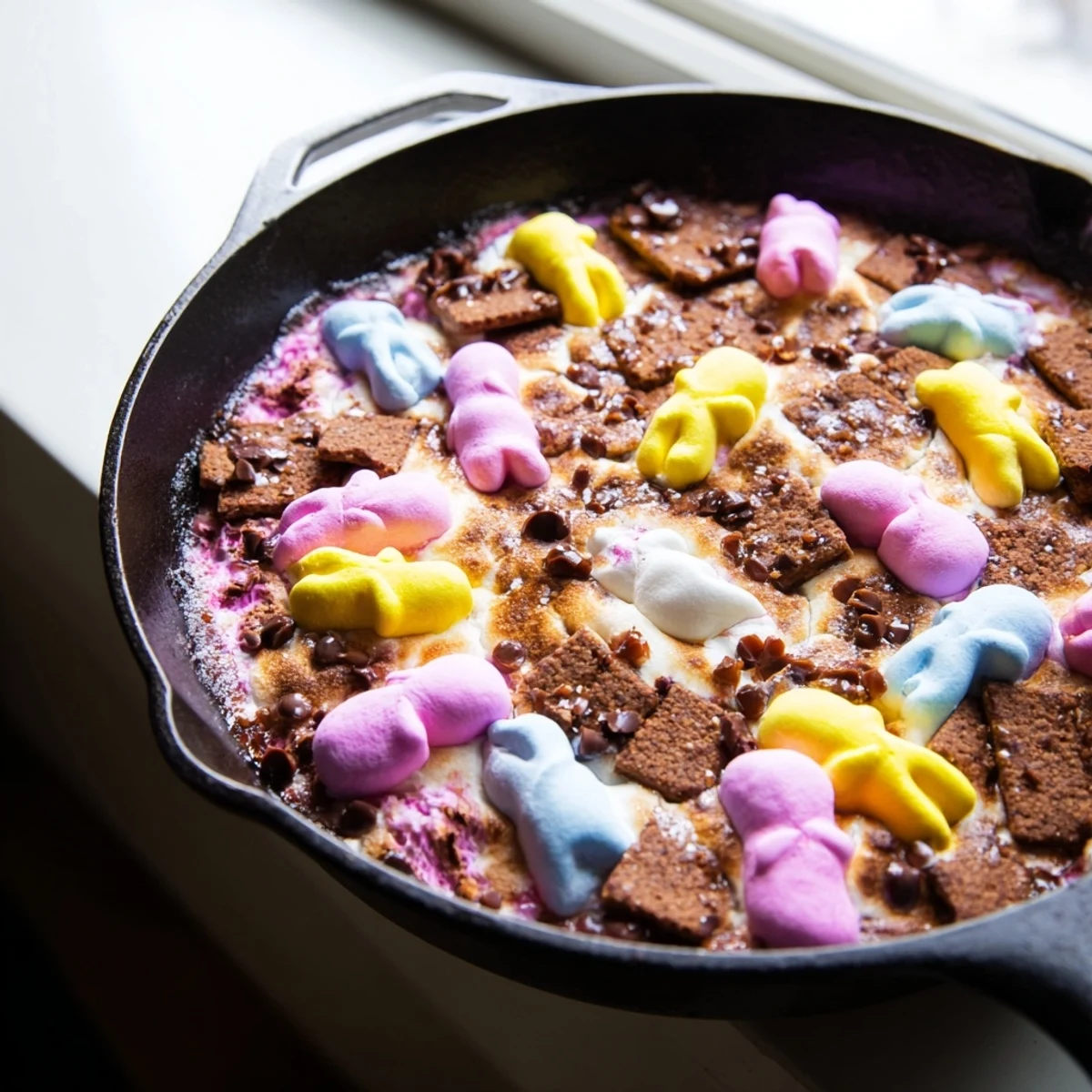 Colorful Peeps marshmallow chicks toasted over gooey chocolate in this cast iron skillet dessert