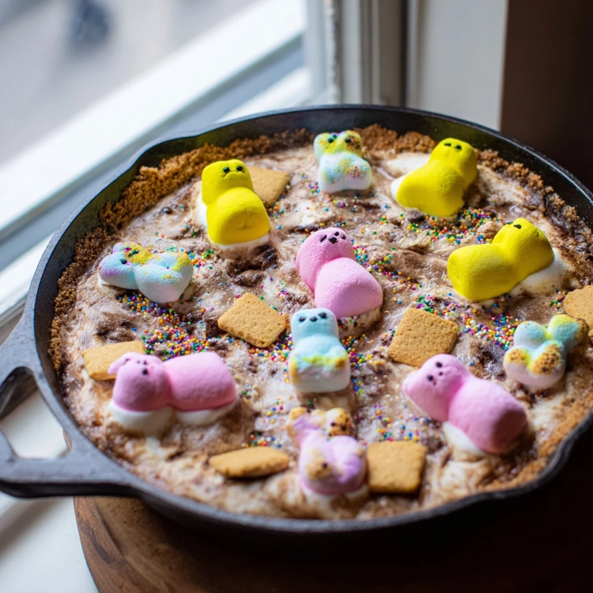 Warm skillet smores featuring puffed Peeps and rich melted chocolate served with graham cracker pieces