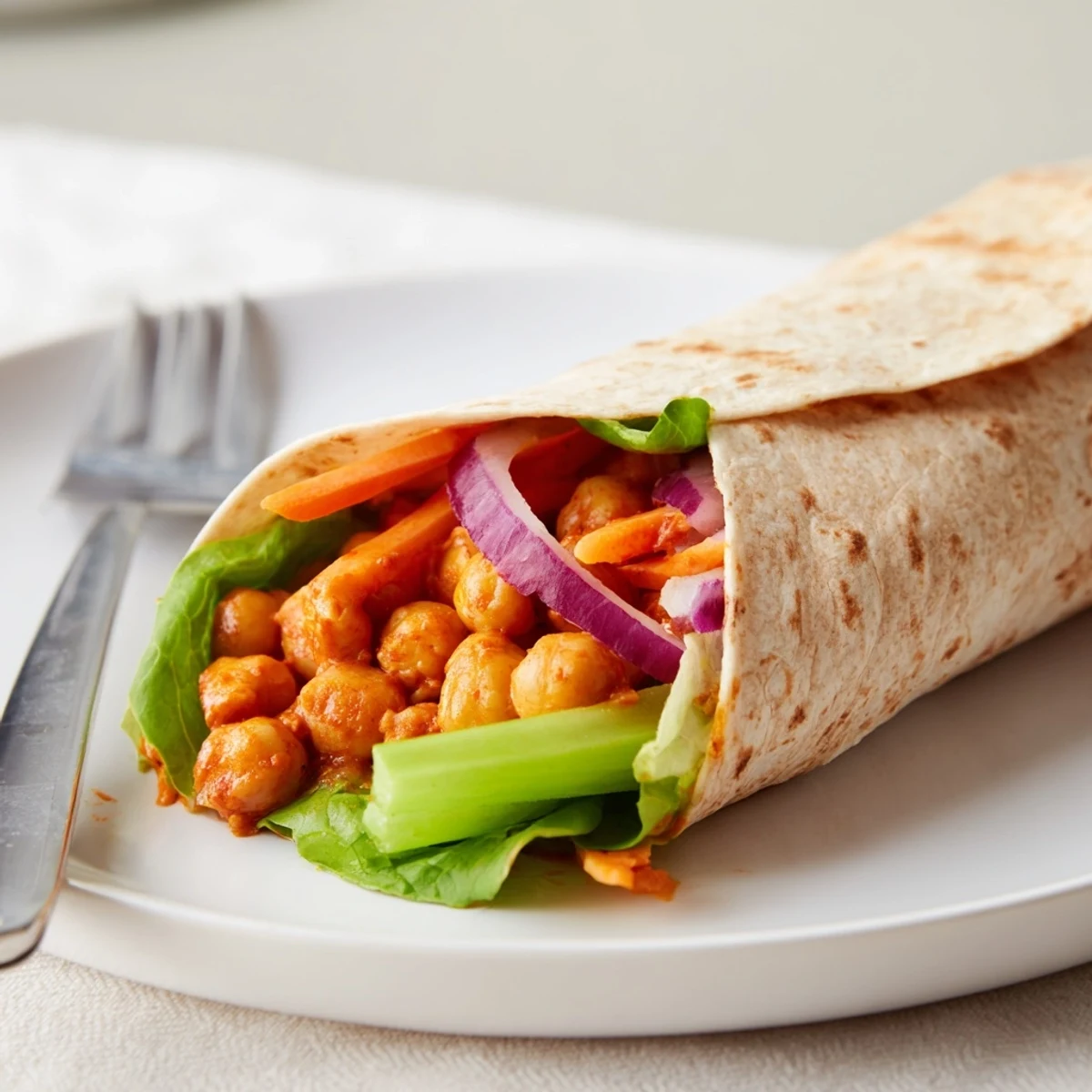 Vegetarian buffalo chickpea wraps sliced in half showcasing colorful vegetable filling and drizzle