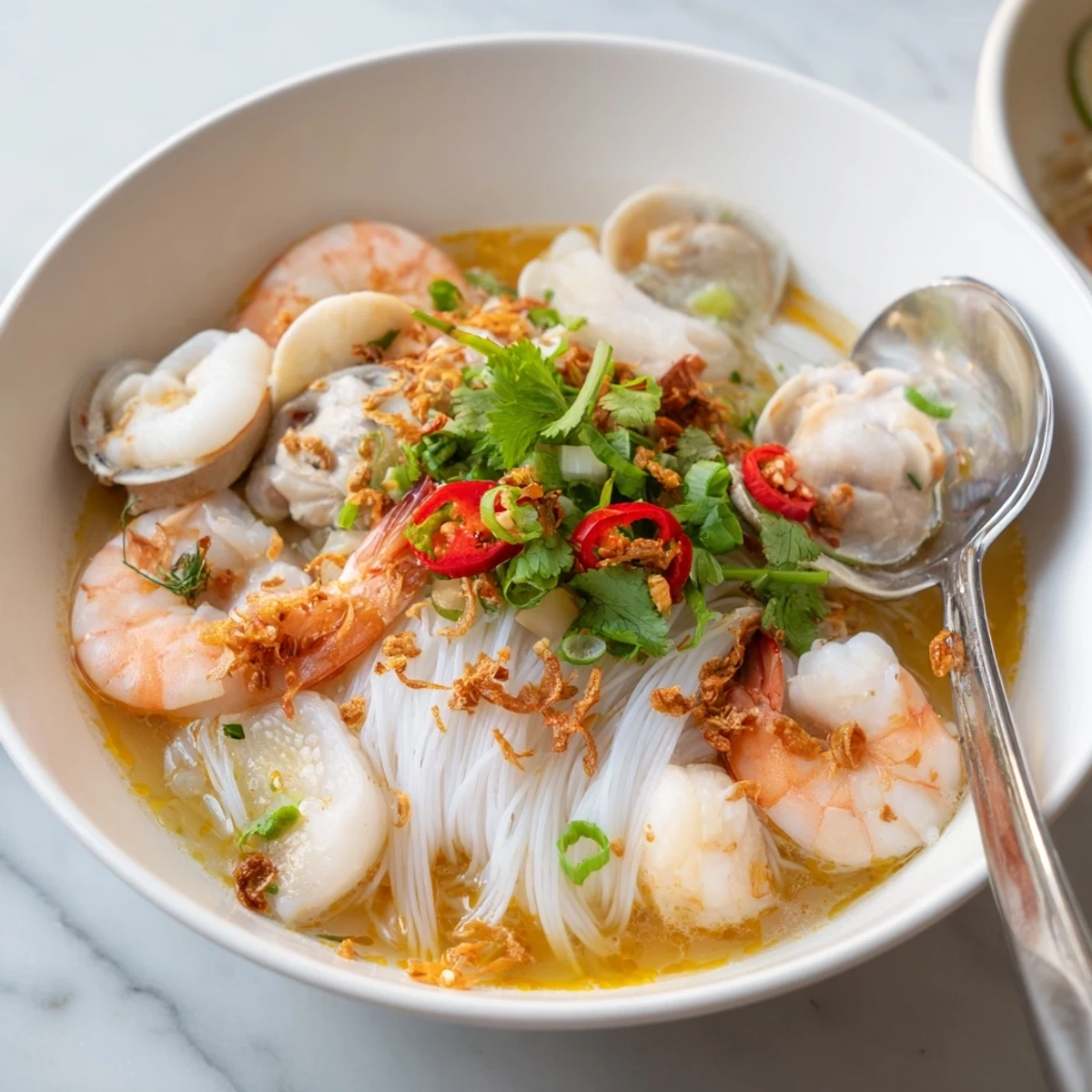 Vietnamese Banh Canh Cua noodle soup featuring tender crab meat shrimp and chewy noodles topped with spring onions cilantro and spicy chili slices