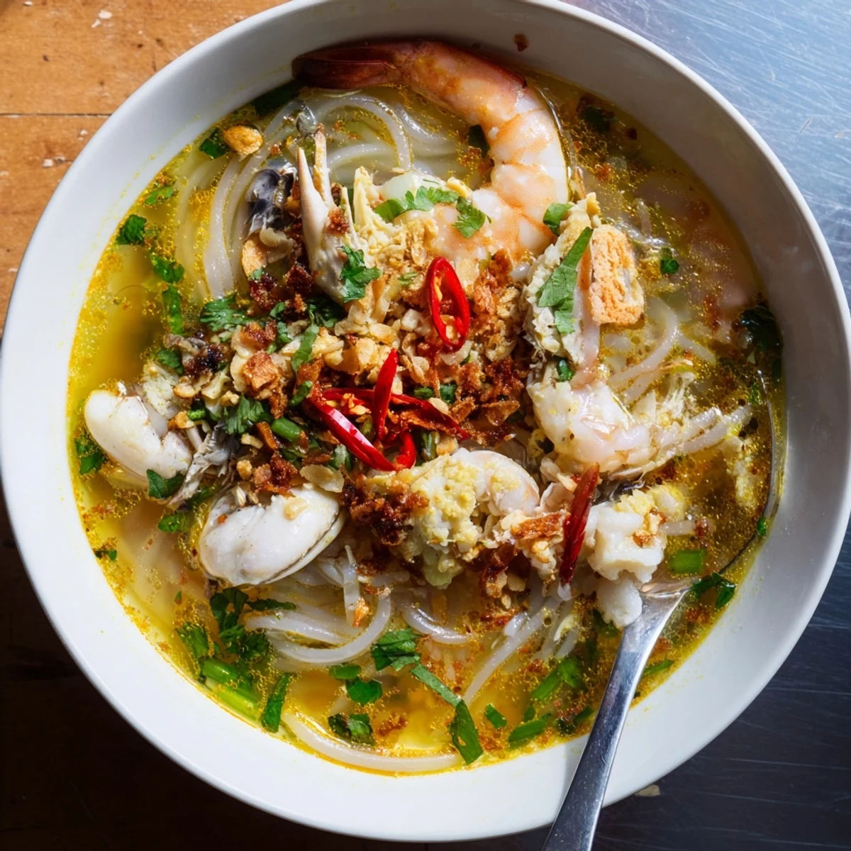 Close up of Banh Canh Cua Vietnamese crab noodle soup with plump seafood scattered over glossy white noodles in rich savory broth