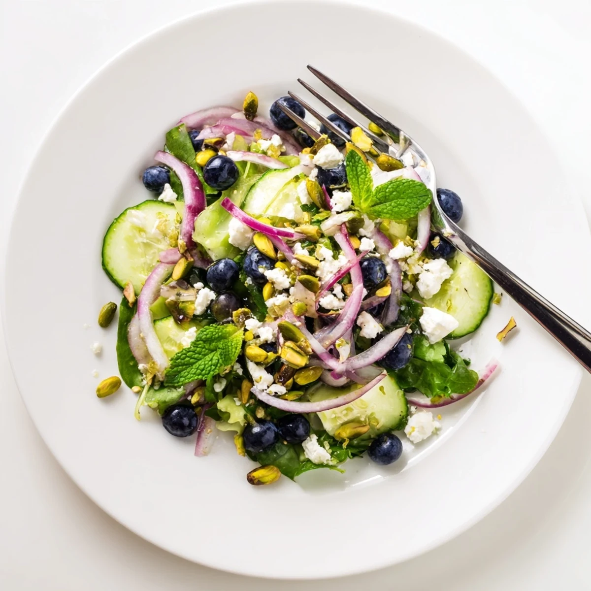 Fresh blueberry pistachio spring salad with crisp greens and tangy feta cheese in a white bowl