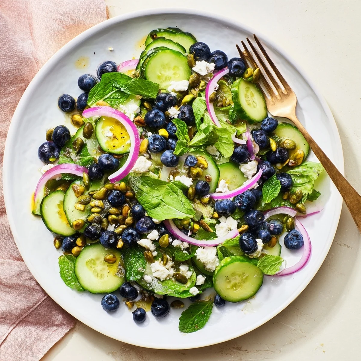 Vibrant salad bowl featuring juicy blueberries and toasted pistachios tossed with spring mix and mint leaves