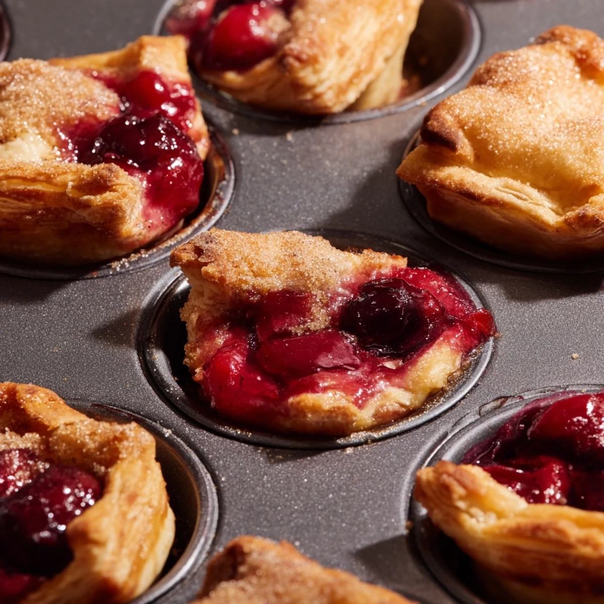 Golden cherry pie bites with bubbling red fruit filling nestled in buttery mini pastry shells