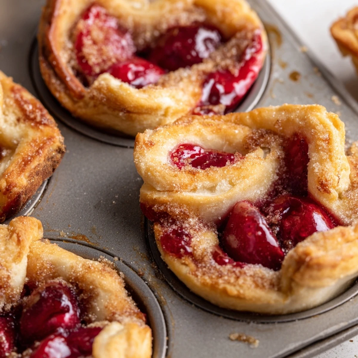 Mini cherry pie bites arranged on a serving platter with cinnamon sugar dusted tops