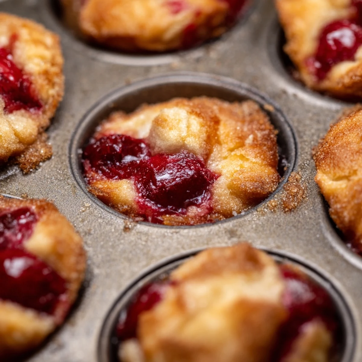 Freshly baked cherry pie bites cooling in mini muffin tin with glossy cherry centers
