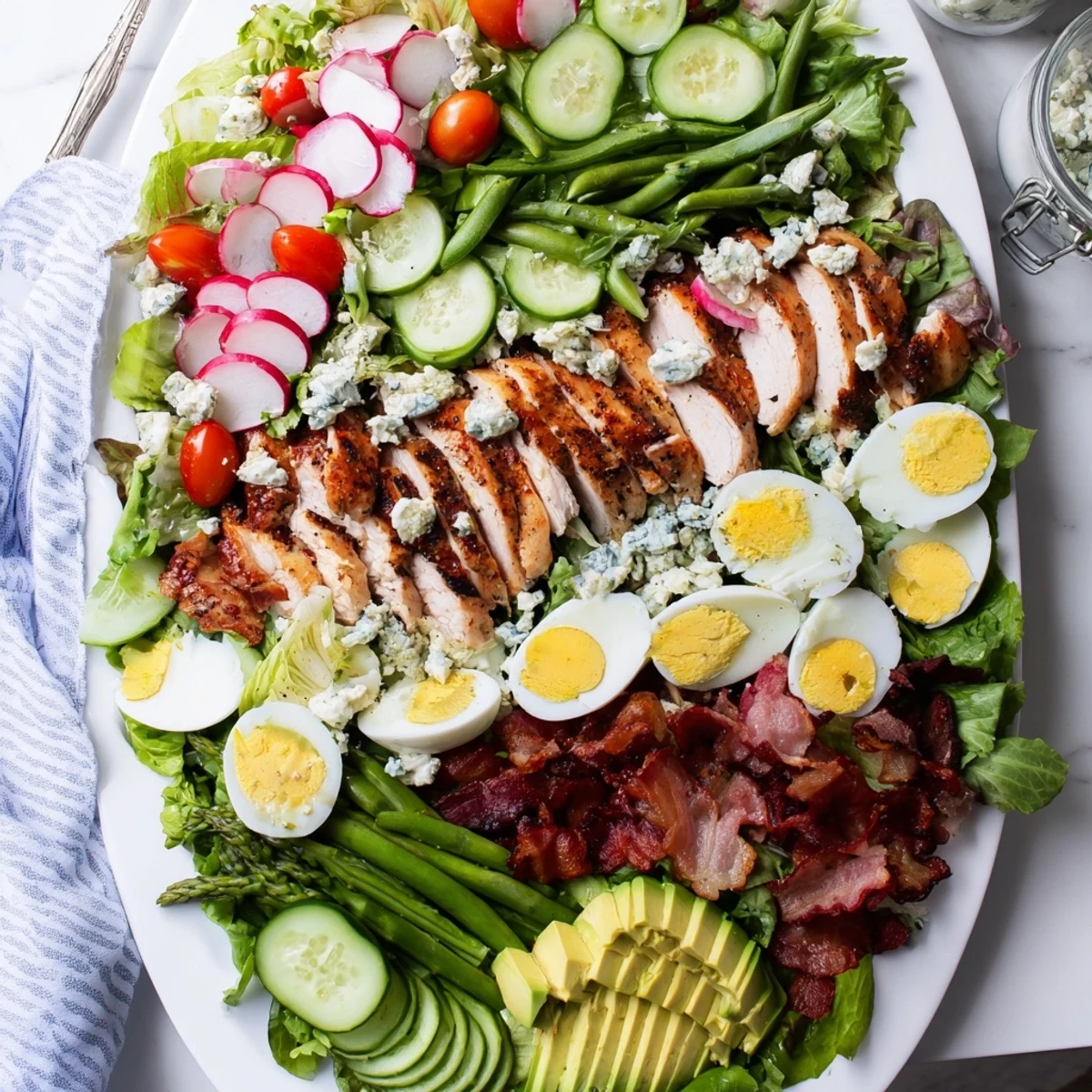 Colorful plate of Spring Cobb Salad topped with bacon, blue cheese, and tangy herb vinaigrette