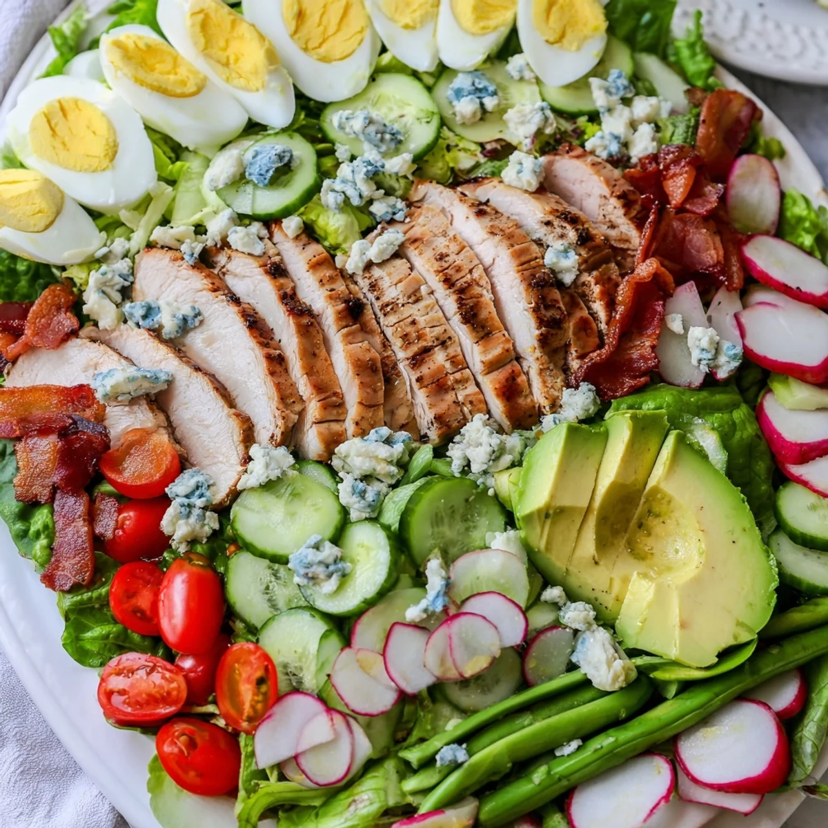 Vibrant Spring Cobb Salad featuring rows of snap peas, radishes, cherry tomatoes, and grilled chicken