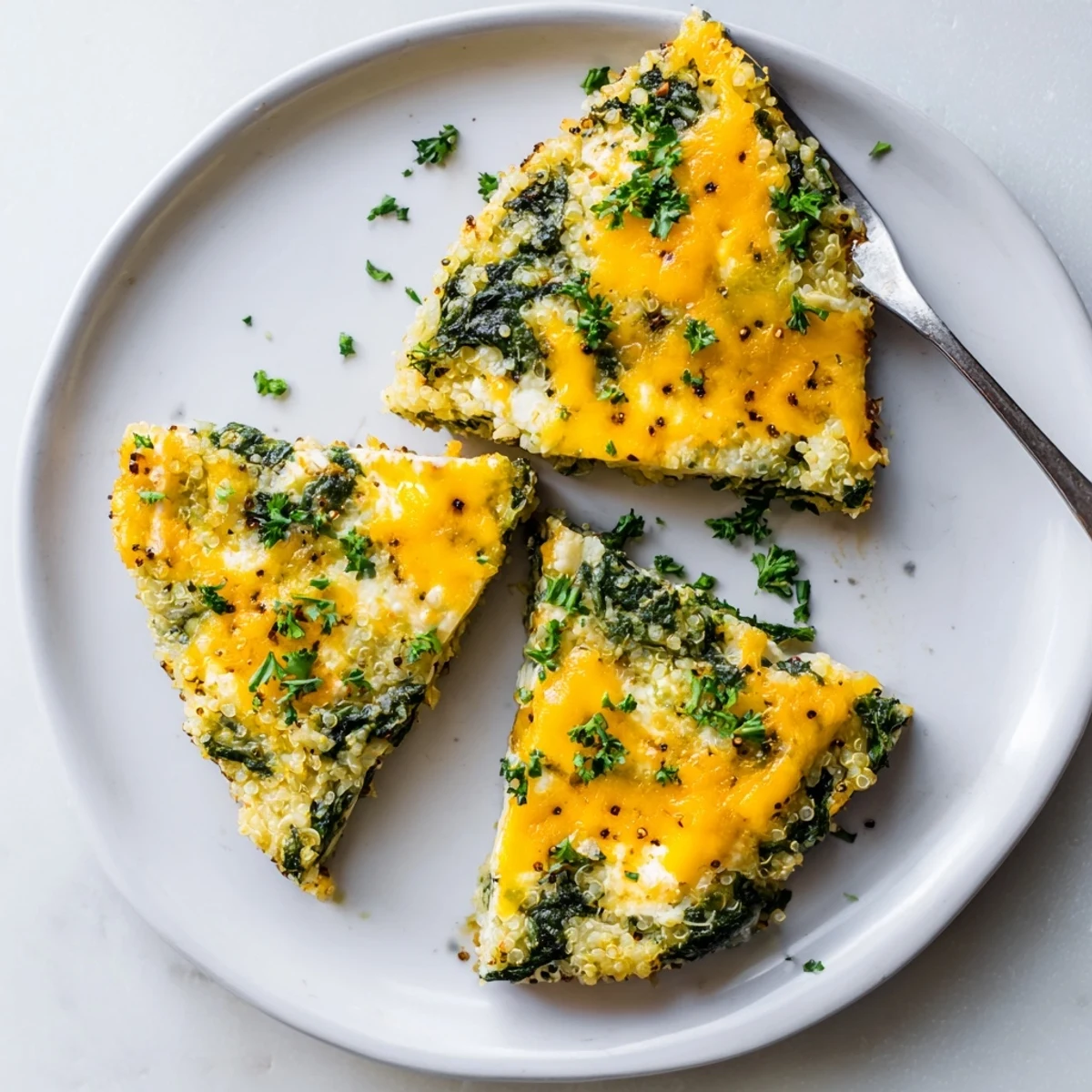 Sliced vegetarian quinoa spinach and egg bake casserole served on a white plate