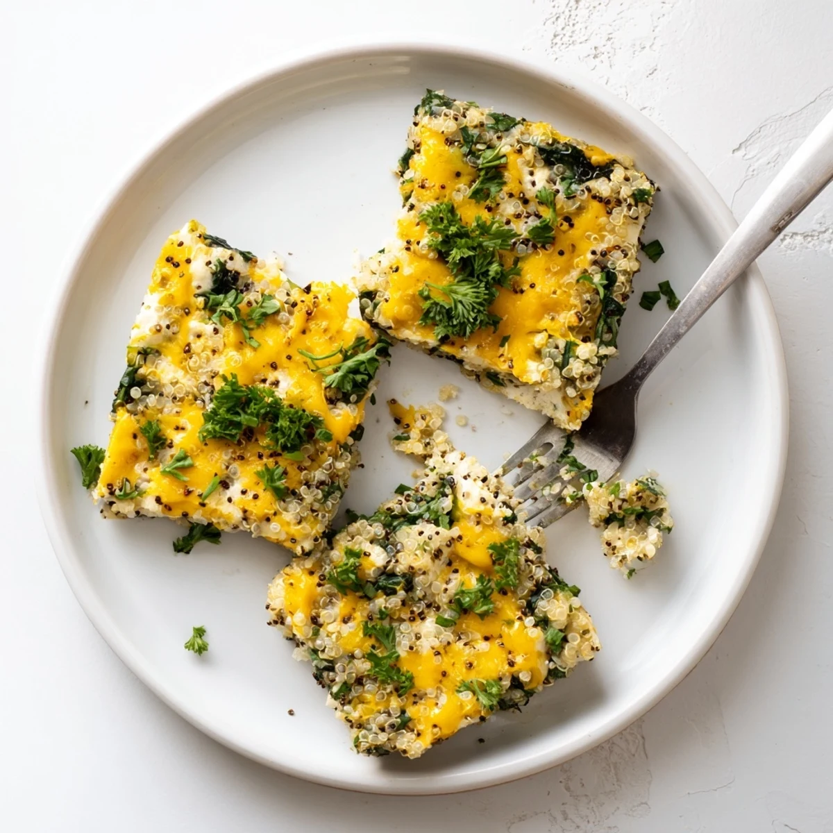 Golden crust-topped quinoa spinach and egg bake fresh from the oven with melted cheese