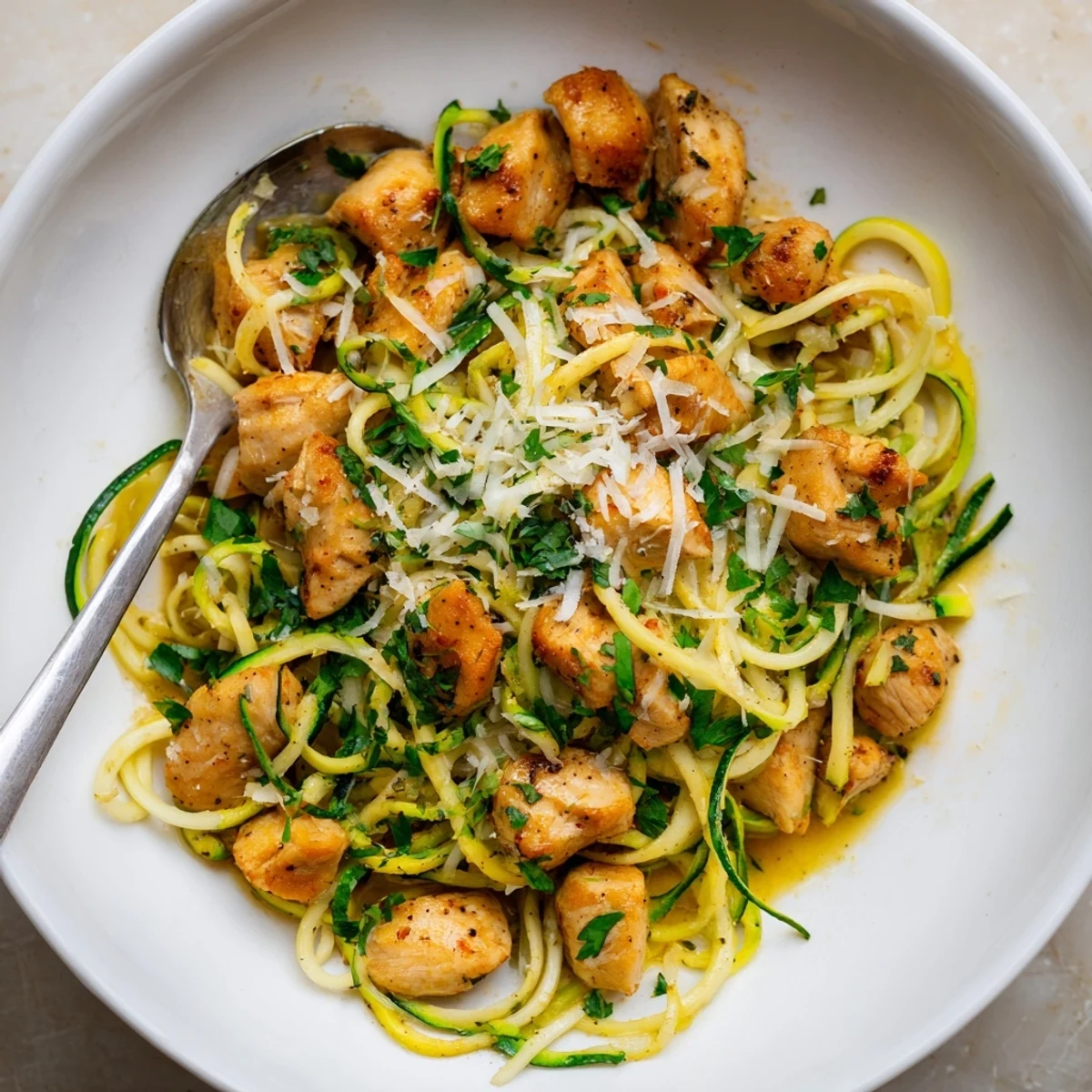 Golden brown chicken pieces tossed with garlic butter zucchini noodles in a glass meal prep container