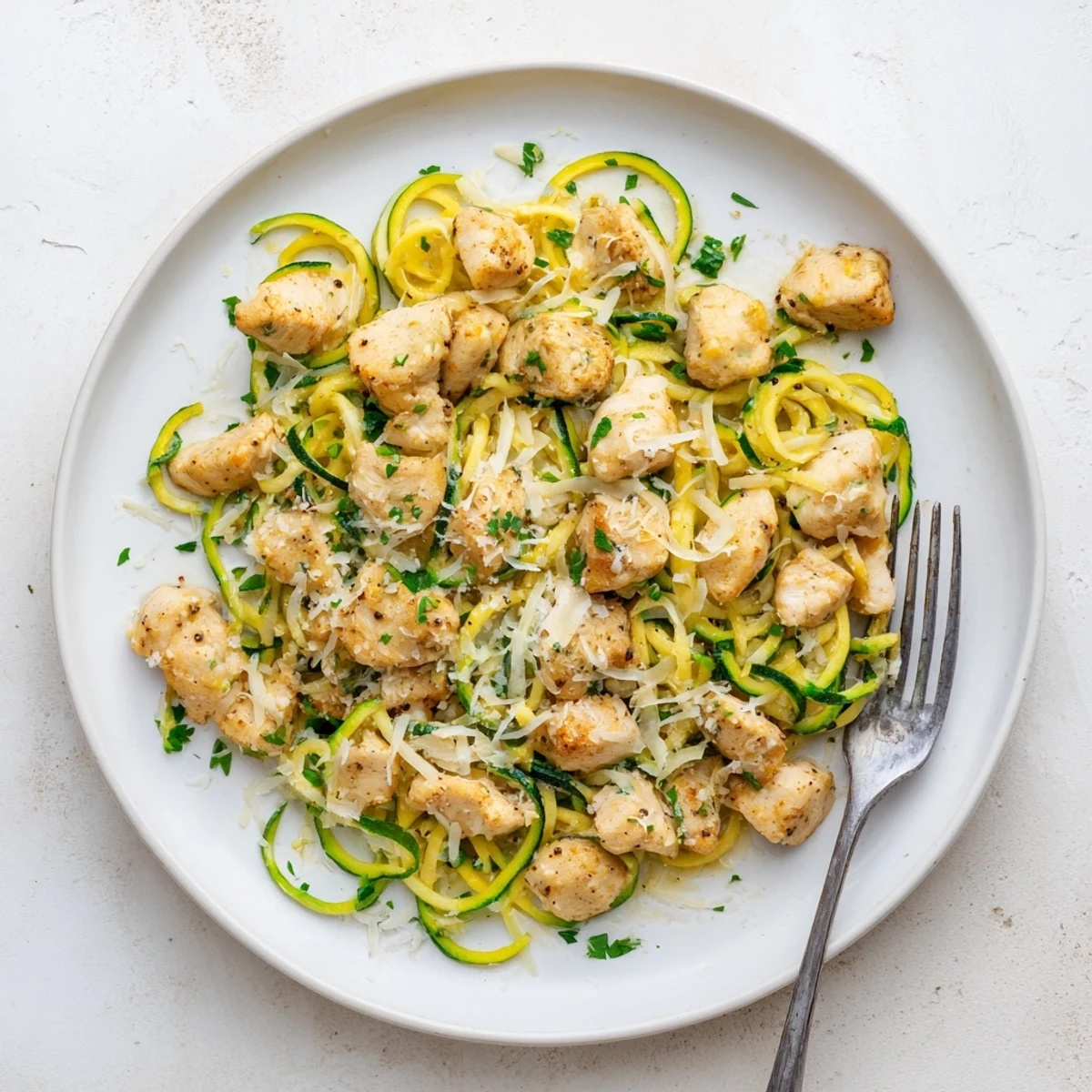 Tender sautéed chicken breast spiralized with fresh zucchini in rich garlic butter sauce ready for weekly lunches