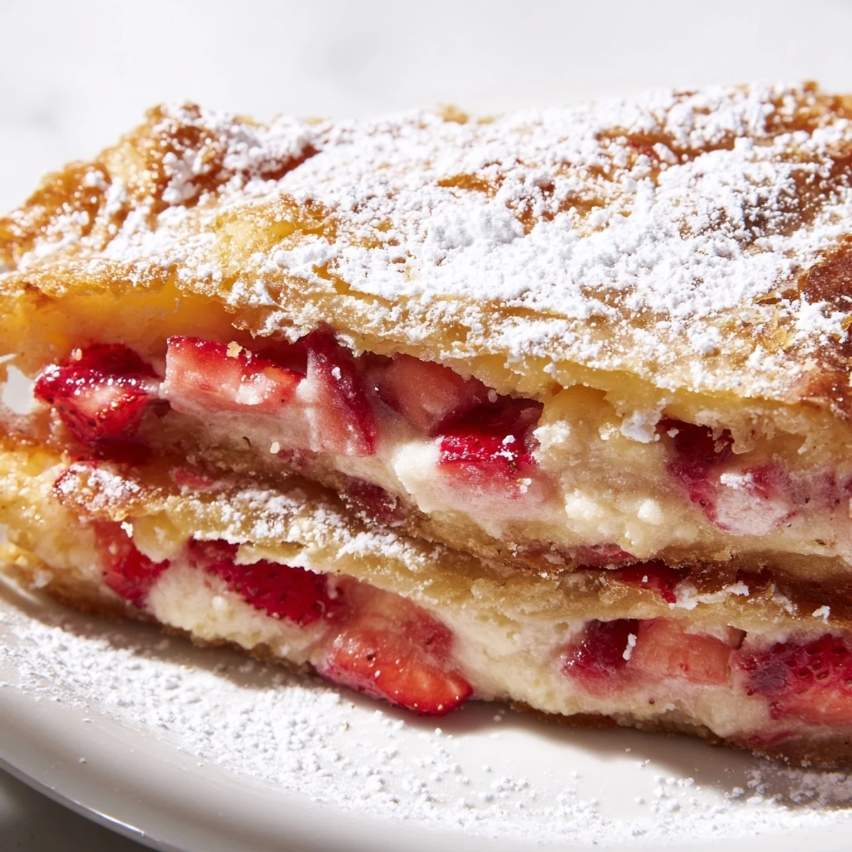 Golden deep fried strawberry cheesecake pies with sweet strawberry filling dusted in powdered sugar