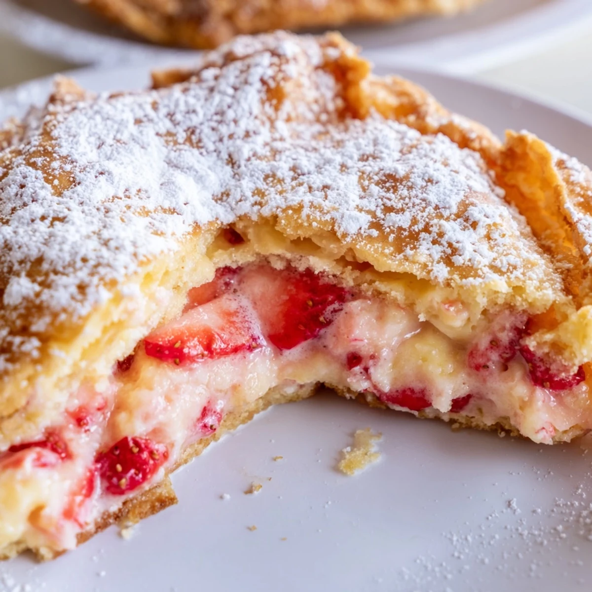 Crispy fried handheld pies stuffed with creamy cheesecake and fresh diced strawberries