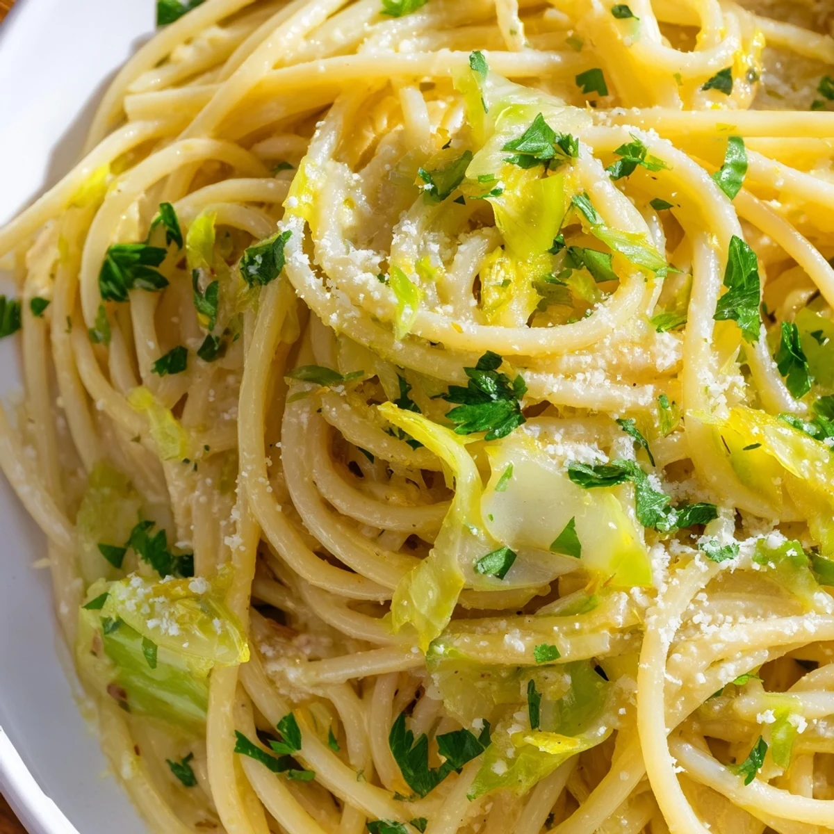 Golden lemon garlic cabbage pasta tossed in a creamy buttery sauce with fresh parsley