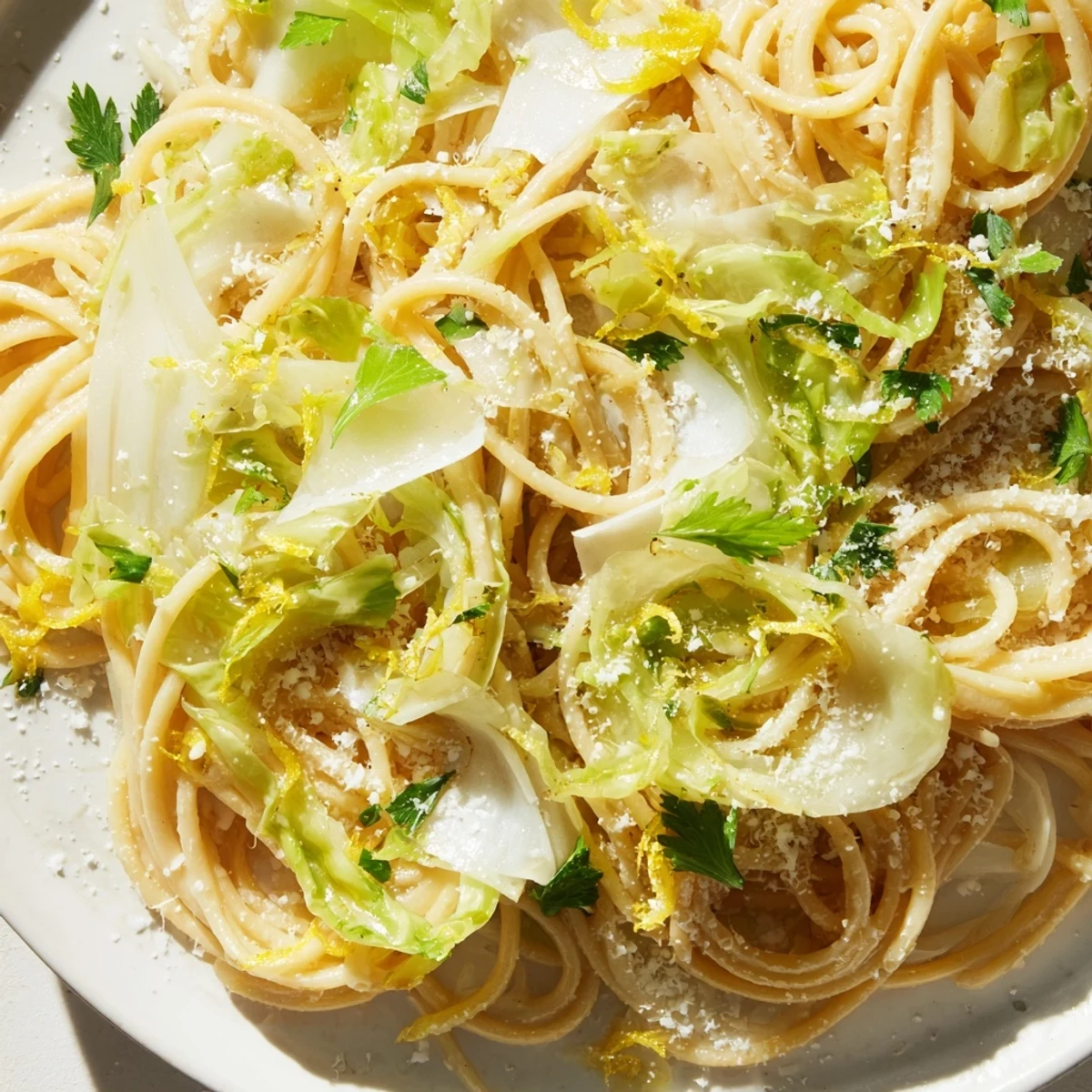 Steaming bowl of lemon garlic cabbage pasta with grated Parmesan and tender caramelized cabbage strands