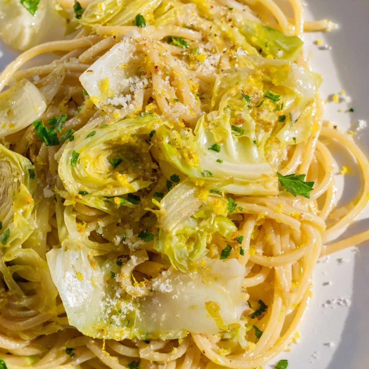 Plate of zesty lemon garlic cabbage pasta garnished with red pepper flakes and lemon zest