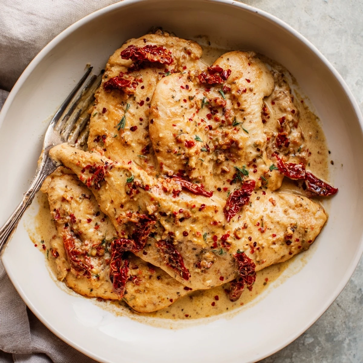 Golden pan-seared chicken breasts in creamy sun-dried tomato garlic sauce with fresh basil garnish