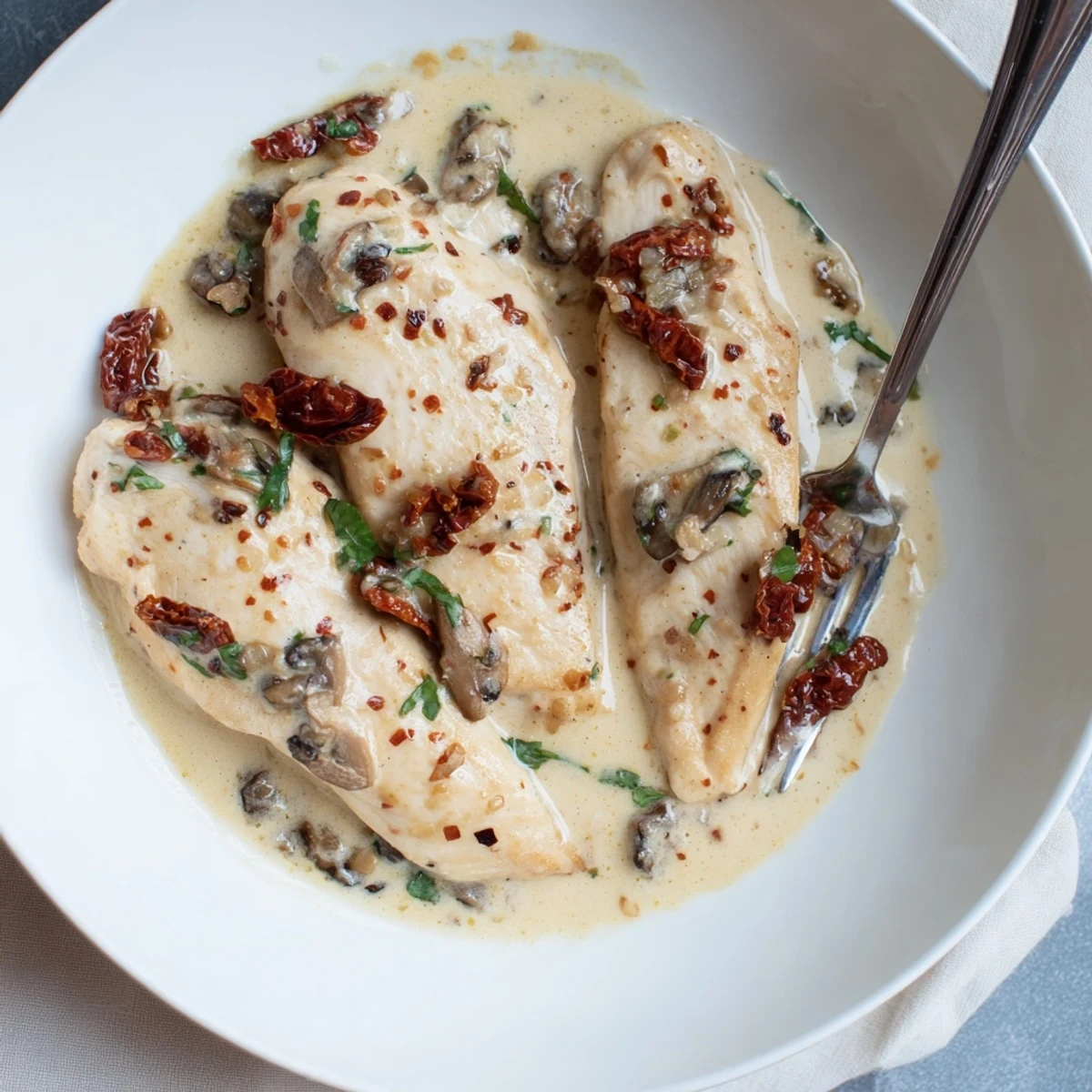 Weeknight dinner of juicy chicken in luscious garlic cream sauce with oil-packed sun-dried tomatoes