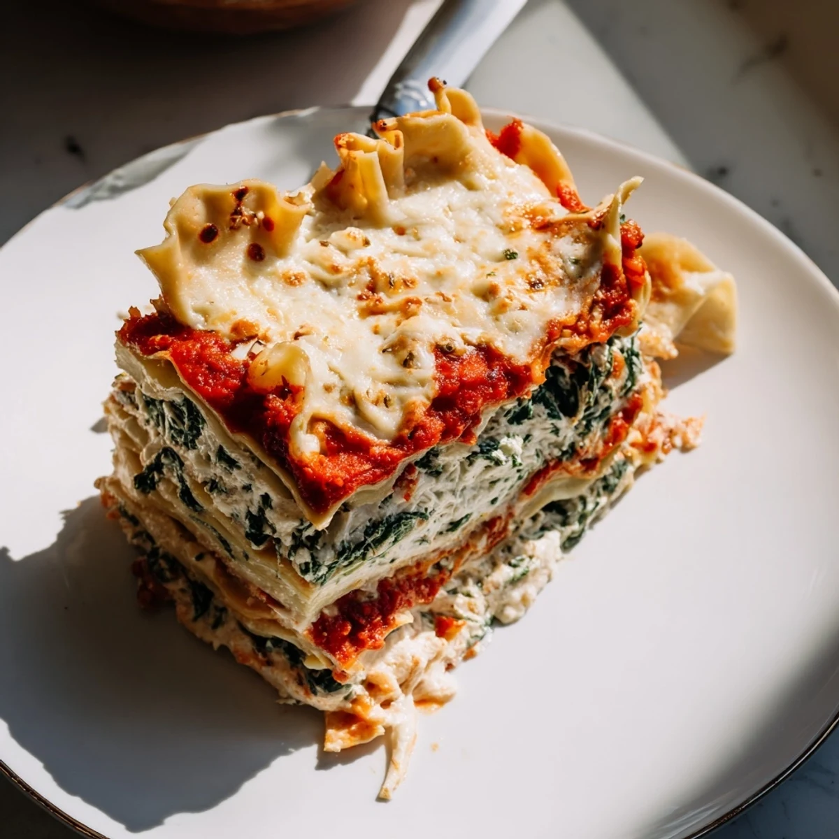Golden-baked classic spinach ricotta lasagna with bubbling mozzarella and rich tomato layers