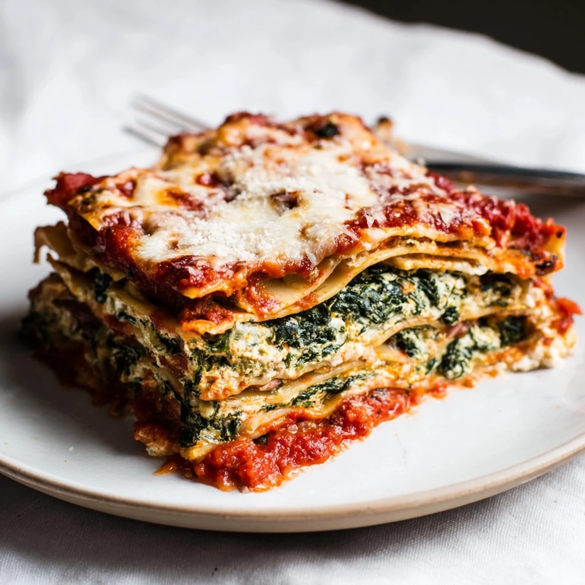 Classic spinach ricotta lasagna in a baking dish with piping hot marinara and golden cheese surface