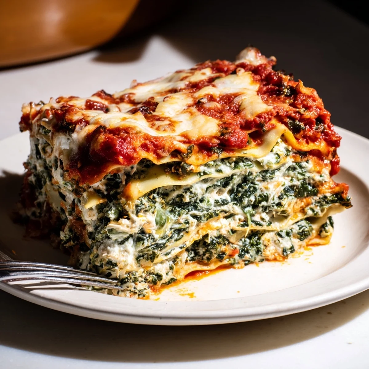 Vegetarian classic spinach ricotta lasagna sliced square showing creamy spinach filling and melted cheese topping